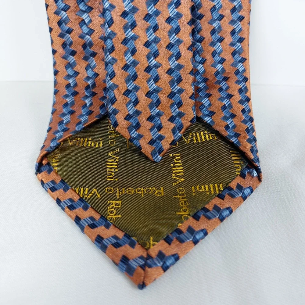 Roberto Villini Collezione Necktie Copper‎ Blue Geometric 100% Silk Handmade Tie